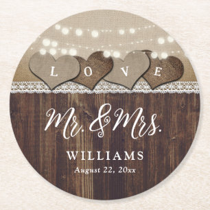 Rustic Country Wood Mr. en Mrs Wedding Ronde Kartonnen Onderzetter