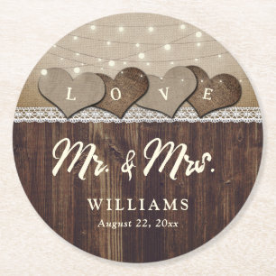Rustic Country Wood Mr. en Mrs Wedding Ronde Kartonnen Onderzetter