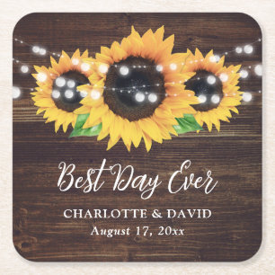 Rustic Country Wood Sunflower Wedding Vierkante Kartonnen Onderzetter