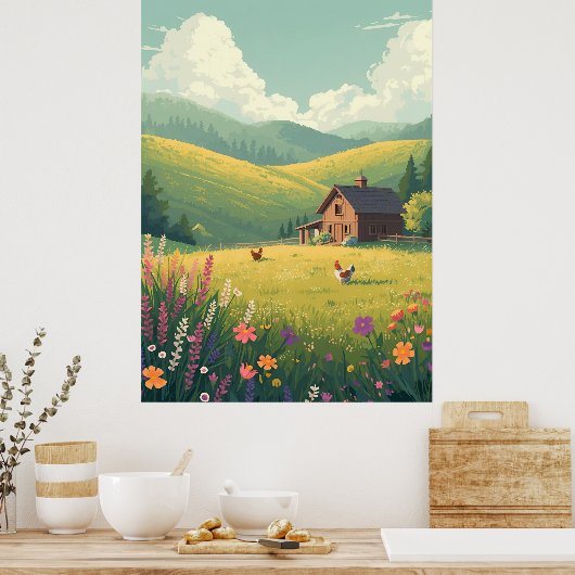 Rustic Countryside Cabin with Wildflowers Poster (Keuken)