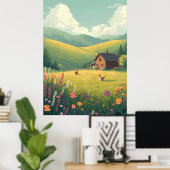 Rustic Countryside Cabin with Wildflowers Poster (Thuiskantoor)