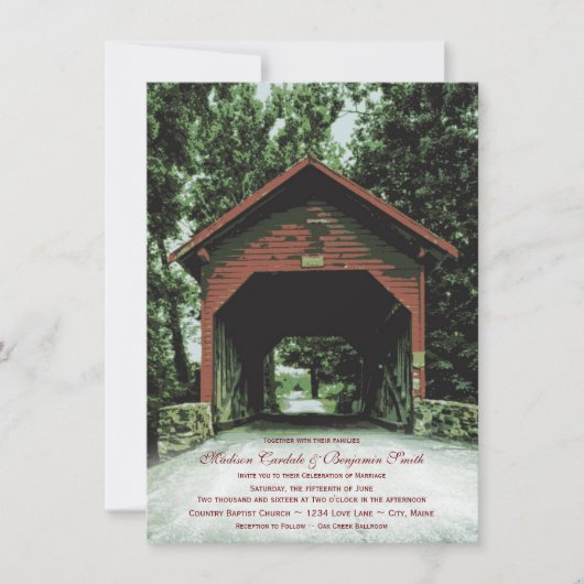 Rustic Covered Bridge Country Wedding Invitations Kaart (Voorkant)