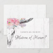 Rustic Cow Skull Boho Blush Floral Matron of Honor Kaart (Voorkant / Achterkant)