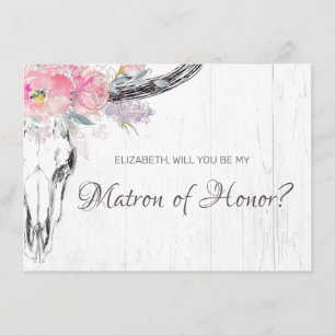 Rustic Cow Skull Boho Blush Floral Matron of Honor Kaart