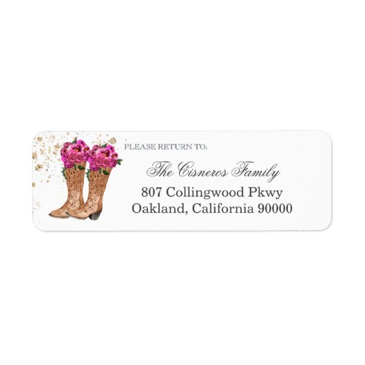Rustic Cowboy Boots Hot Pink Rozen Adres Etiket (Voorkant)