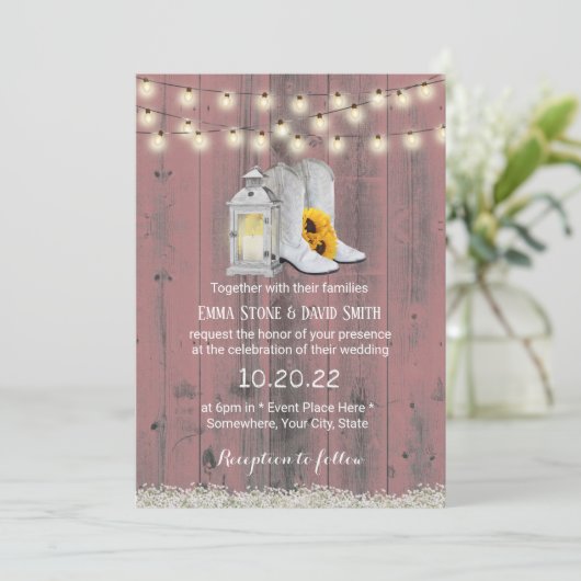Rustic Cowboy Boots Lantern Pink Wood Weddenschap Kaart (Staand voorkant)