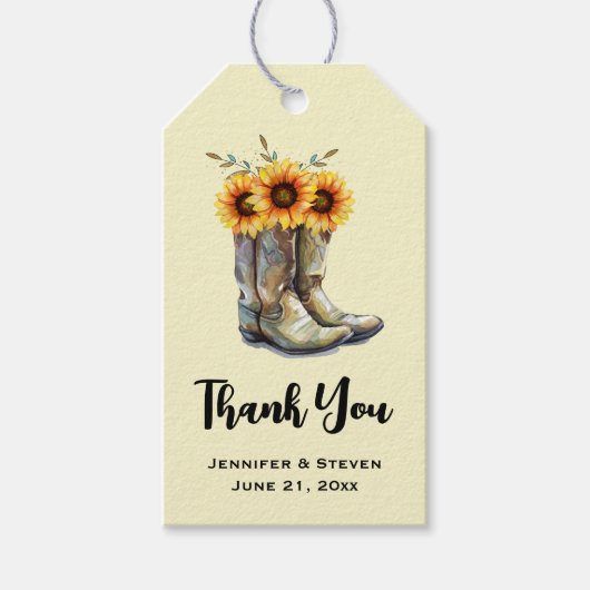 Rustic Cowboy Boots met zonnebloemen Dank je Cadeaulabel (Voorkant)