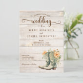 Rustic Cowboy Boots on Wood Wedding Invitation (Debout devant)