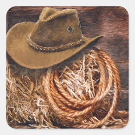 Rustic Cowboy Pet Rope Hay Foto Vierkante Sticker