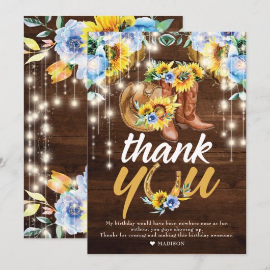 Rustic Cowgirl Boots Floral String Lights Bedankkaart (Voorkant / Achterkant)
