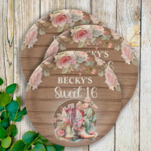 Rustic Cowgirl Boots Pink Roses Sweet 16 Papieren Bordje
