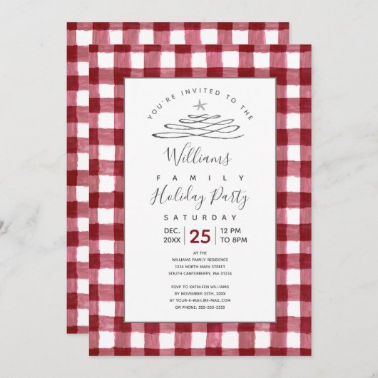 Rustic Cranberry Gingham Holiday Uitnodiging (Voorkant / Achterkant)