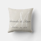 Rustic Cream Linen White Monogram Weddenschap Kussen (Achterkant)
