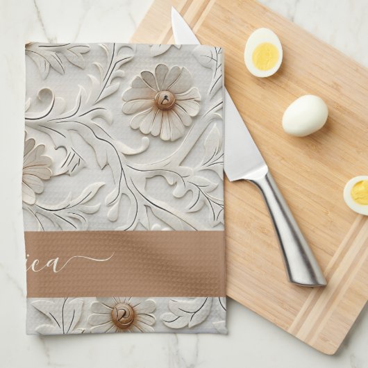 Rustic cream tooled leren script naam theedoek (Quarter Fold)