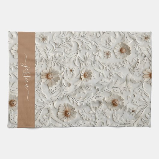 Rustic cream tooled leren script naam theedoek (Horizontaal)