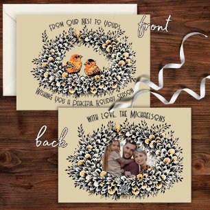 Rustic Crème Vintage Stijl Vogelnest Familie Foto Feestdagenkaart