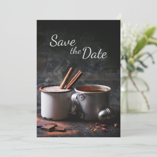 Rustic Cup thee en warme chocolade Save the Date Kaart (Staand voorkant)
