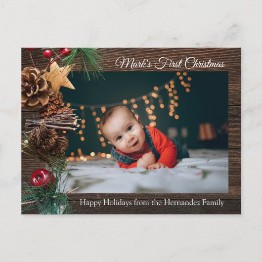 Rustic Cute Baby's First Kerstfeestdag Foto Briefkaart (Voorkant)