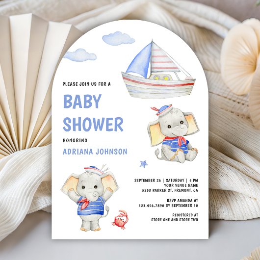 Rustic Cute Elephant Nautical Boat Baby Shower Kaart