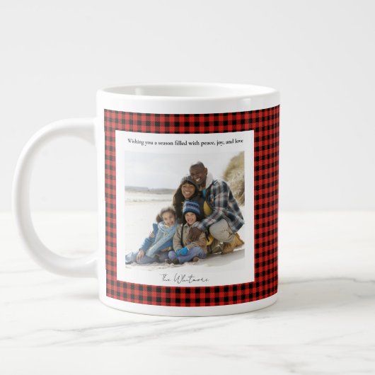 Rustic Cute Red Plaid Monogram 2 Photo Christmas Extra Grote Beker (Links)