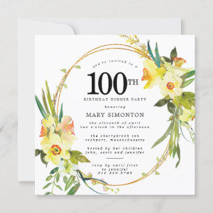 Rustic Daffodil 100th Birthday Dinner Party Kaart