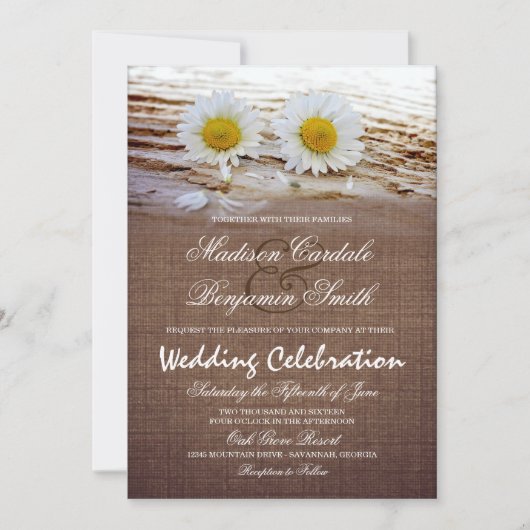Rustic Daisies Burlap Print Wedding Invitations Kaart (Voorkant)