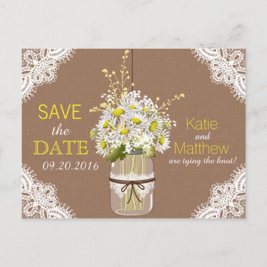 Rustic Daisies en Lace redden de datum Aankondigingskaart (Voorkant)