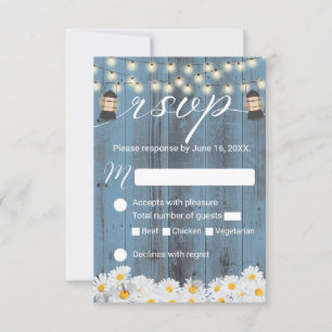 Rustic Daisies & Lantern Dusty Blue Wedding RSVP Kaartje