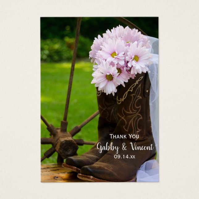Rustic Daisy Cowboy Boots Wedding Favor Labels Visitekaartje (Voorkant)