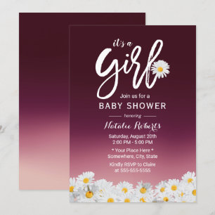 Rustic Daisy Flowers Burgundy Red Girl Baby shower Kaart