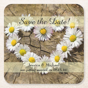Rustic Daisy Heart Save the Date Vierkante Kartonnen Onderzetter