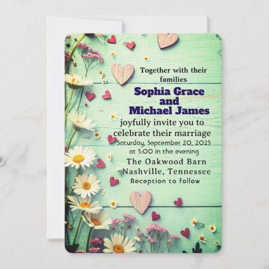 Rustic Daisy & Heart Wedding Uitnodiging (Voorkant)