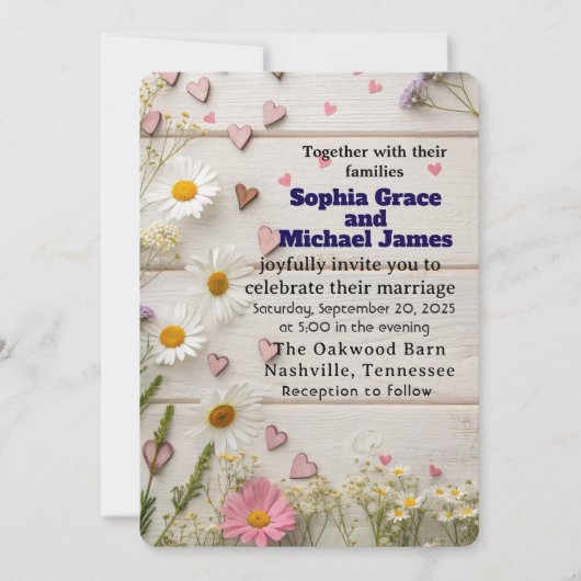 Rustic Daisy & Heart Wedding Uitnodiging (Voorkant)