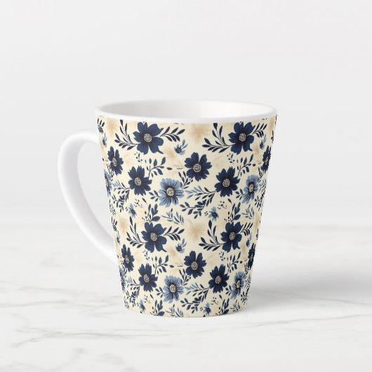 Rustic Dark Blue Beige Flower Folk Art Print Latte Mok (Linkerhoek)