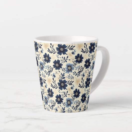 Rustic Dark Blue Beige Flower Folk Art Print Latte Mok (Rechterhoek)