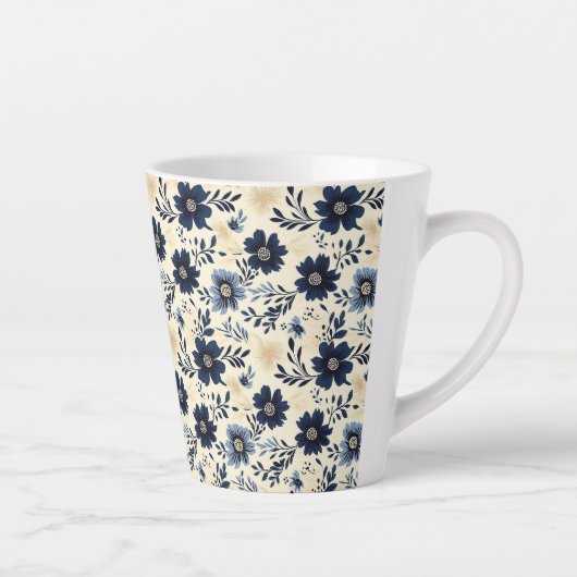Rustic Dark Blue Beige Flower Folk Art Print Latte Mok (Rechts)