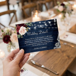 Rustic Dark Blue Red Floral Rights Wedding Details Informatiekaartje
