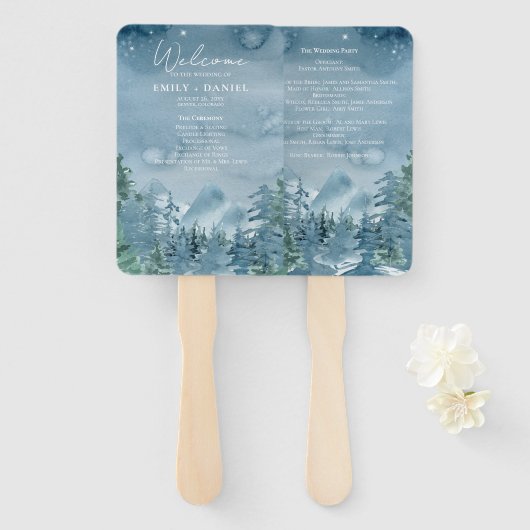 Rustic Dark Dusk Blue Mountains 🏔️Trouwprogramma Handwaaier (Voorkant en achterkant)