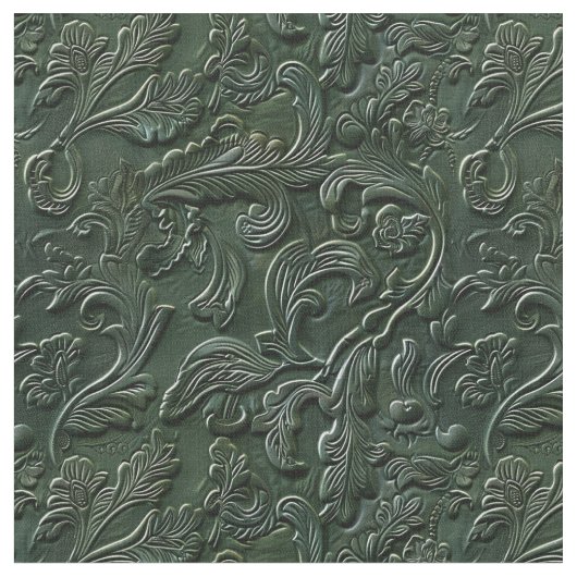 Rustic dark green tooled leather floral stof (Close Up)