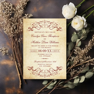  Rustic Dark Red Vlourish Parchment Wedding Kaart