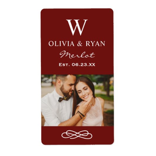 Rustic Dark Red Wedding Monogram Wine Foto Etiket (Voorkant)