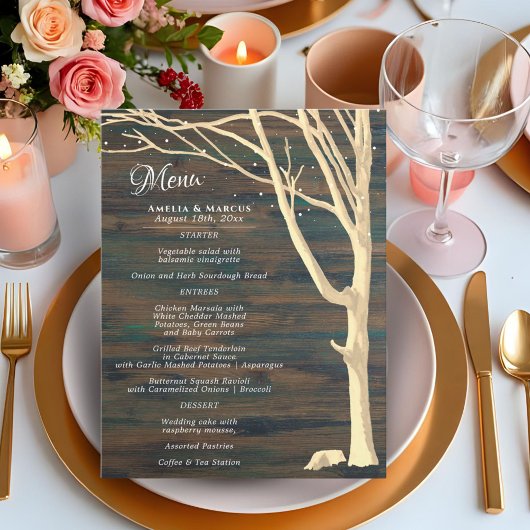 Rustic Dark Winter Tree Menu Mariage