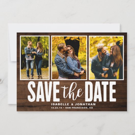 Rustic Dark Wood 3 Foto Collage Save The Date (Voorkant)