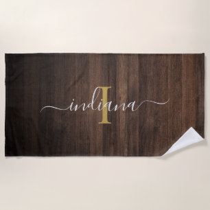 Rustic Dark Wood Monogram Script Name Initiaal Strandlaken