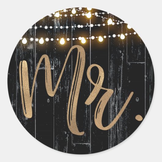 Rustic Dark Wood & String Lights Gold Bride MR. Ronde Sticker (Voorkant)