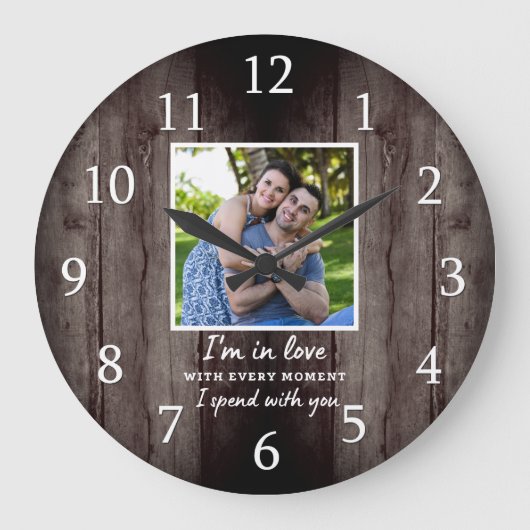 Rustic Dark Wood Wedding Jubileum Love Foto Grote Klok (Voorkant)