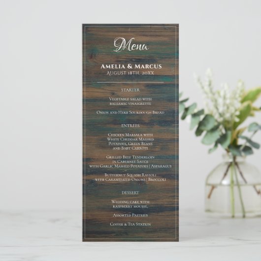 Rustic Dark Wood White Script Weddenschap Menu (Staand voorkant)