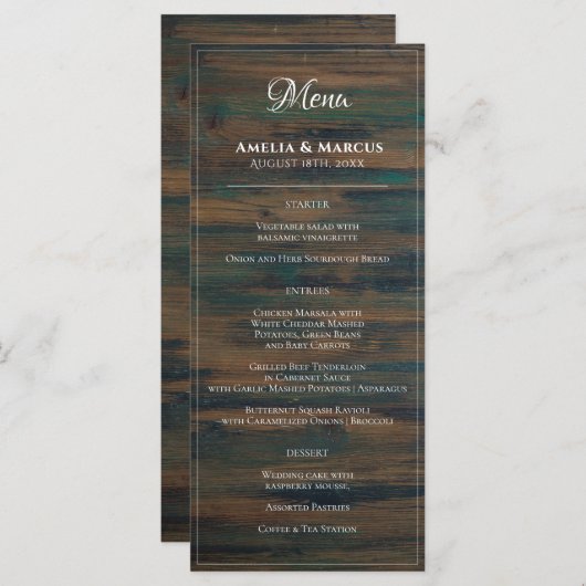 Rustic Dark Wood White Script Weddenschap Menu (Voorkant / Achterkant)