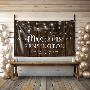 Rustic de heer Mrs Heart String Lights Wood Weddin Spandoek