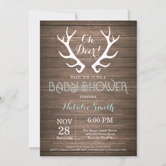 Rustic Deer Antler Baby shower Invitation Aqua (Devant)
